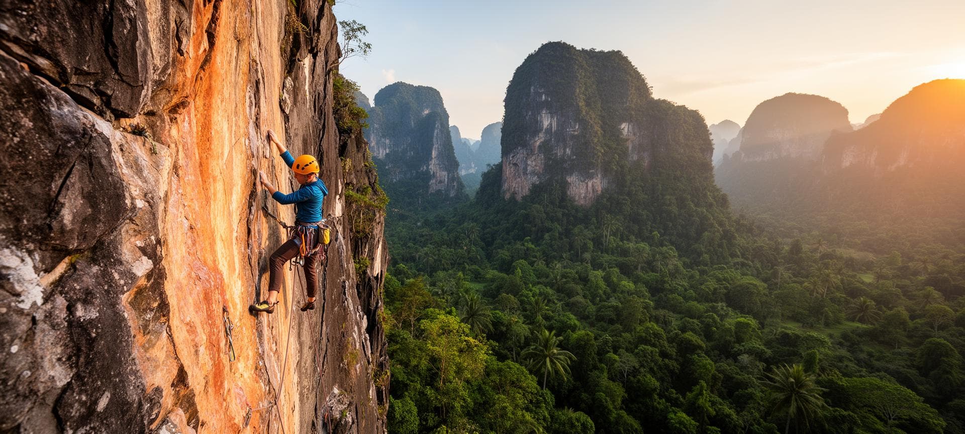 Rock climber ascending limestone karst cliff in Kampot with jungle views