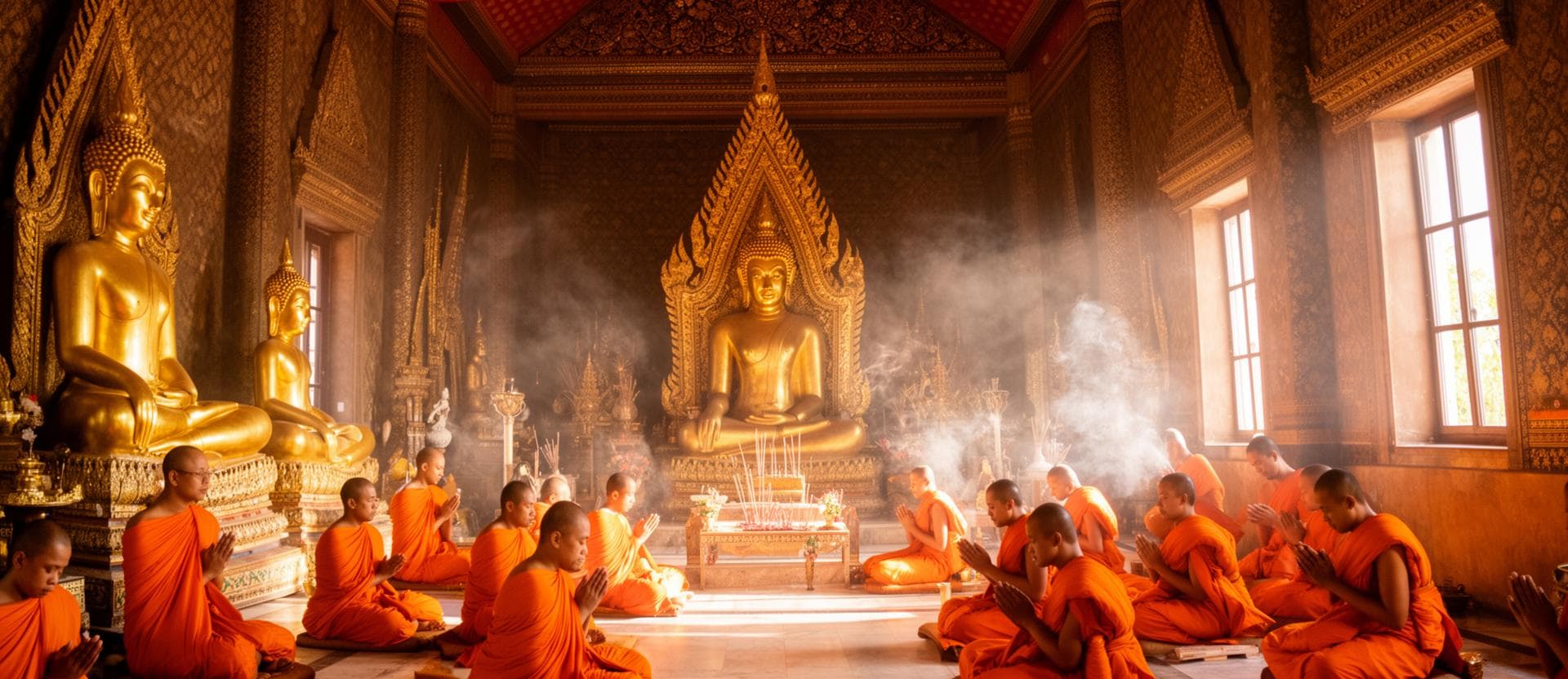 Buddhist monks praying in ornate Cambodian temple with golden Buddha statues