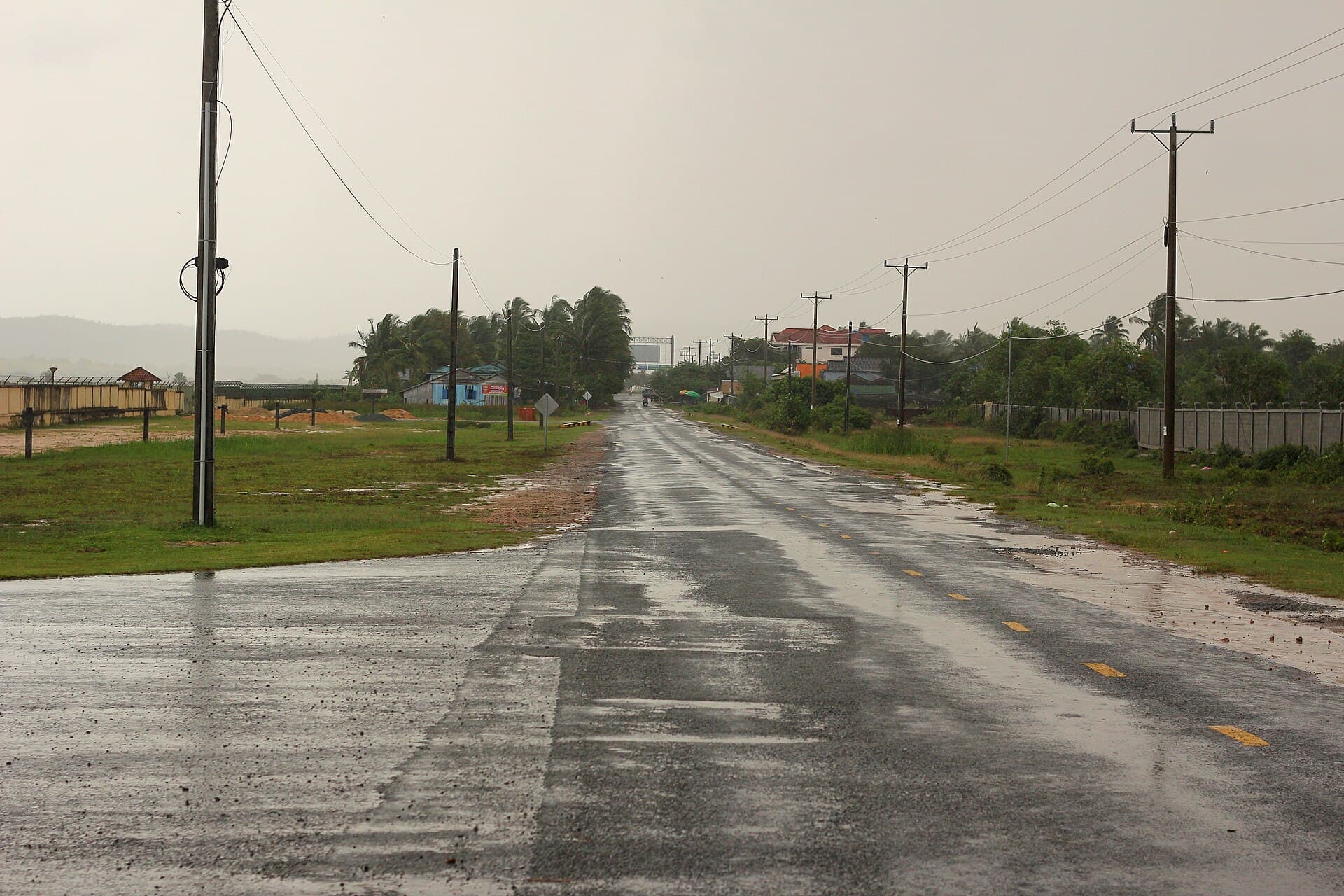 A wet road in Cambodia during the rainy season