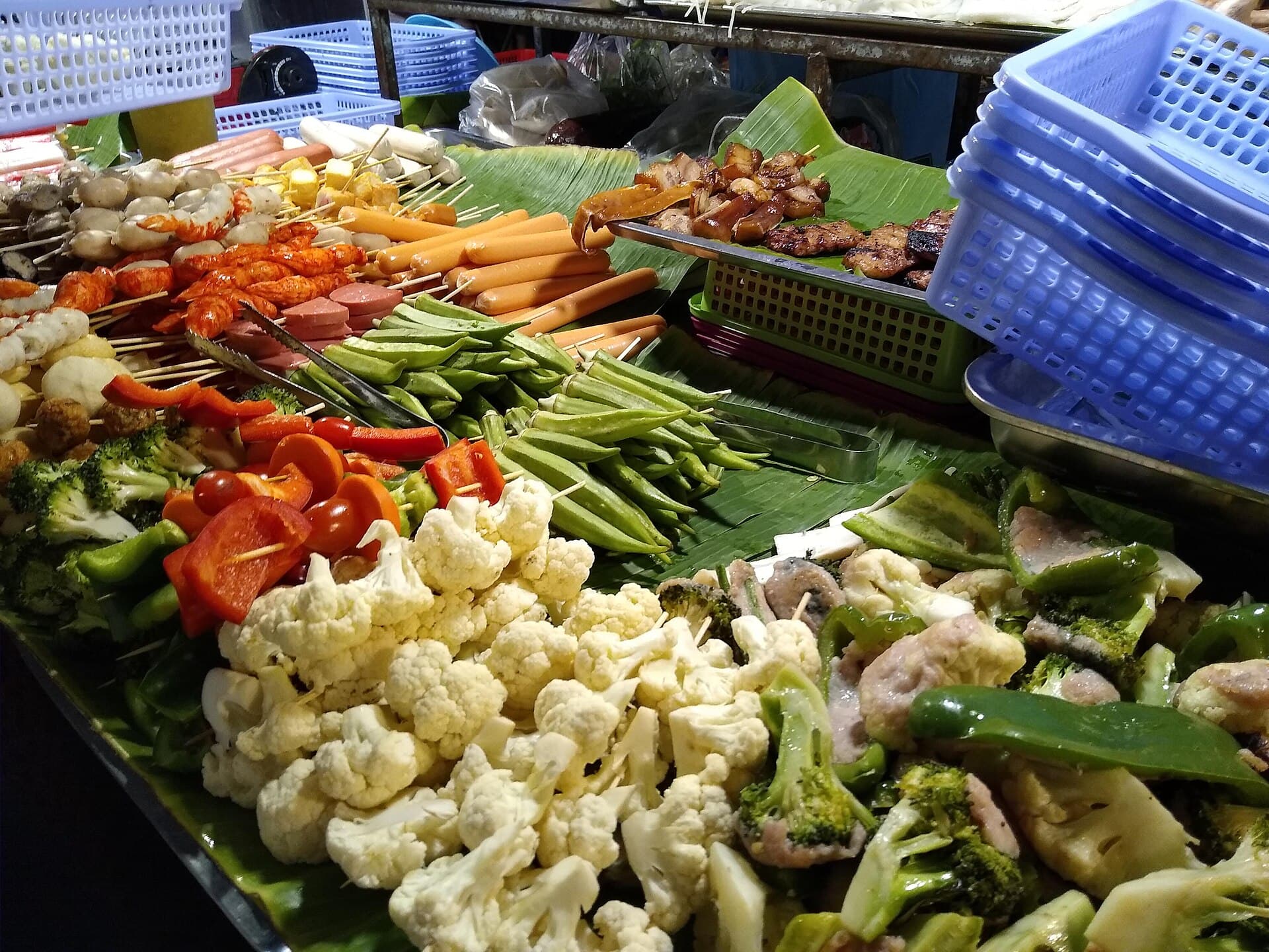 Skewers and vegetables ready to be cooked at the Phnom Penh Night Market