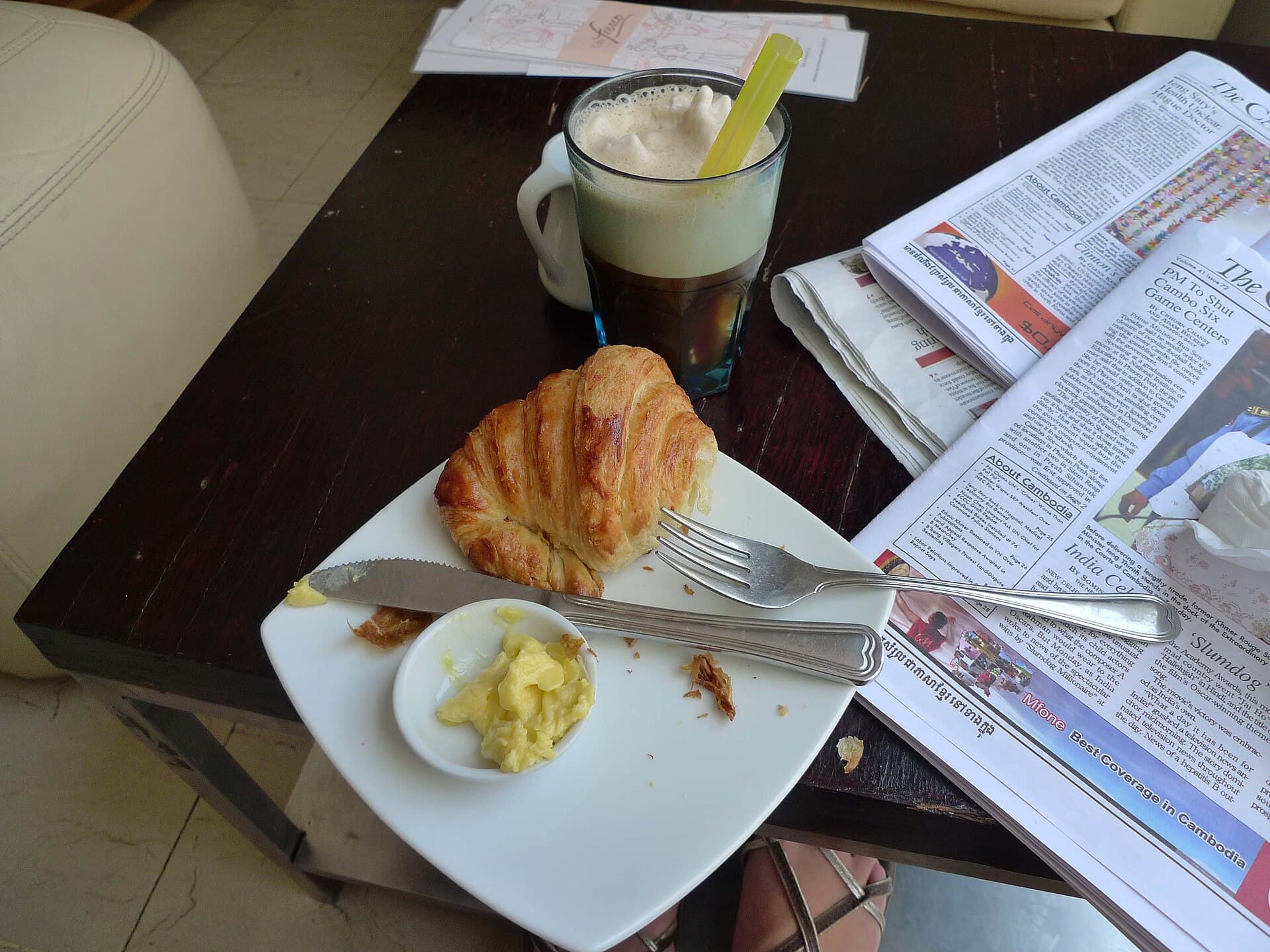 A croissant and coffee at Café Fresco, Phnom Penh