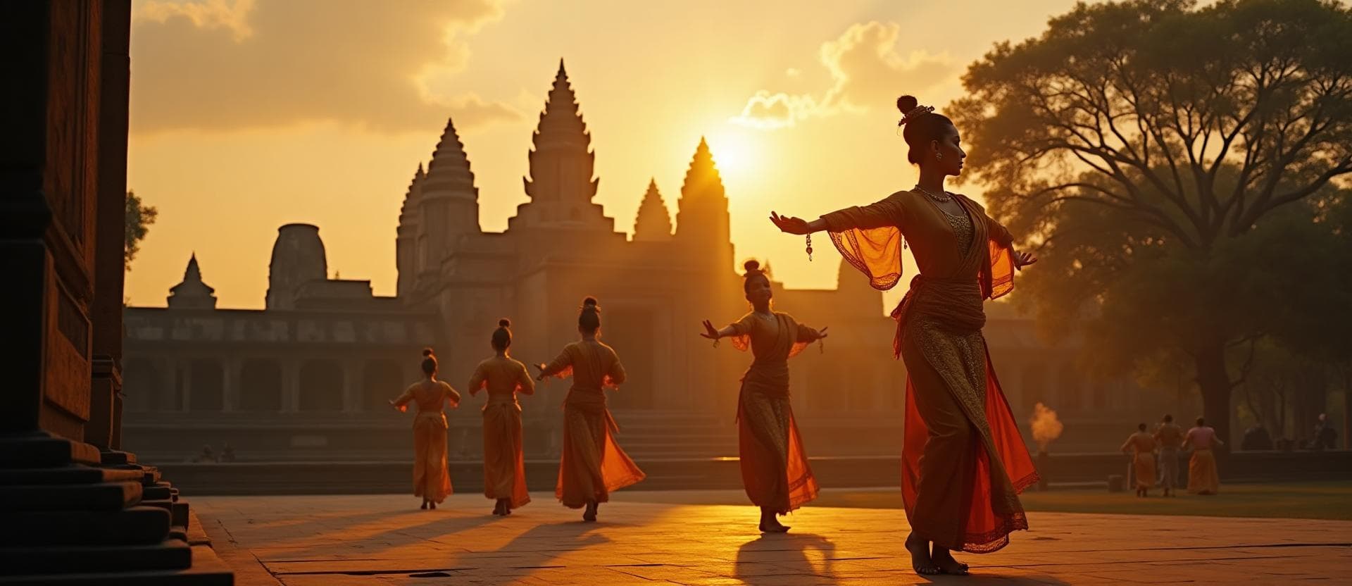 Traditional Apsara dancers performing at sunset with Angkor Wat temple silhouette in the background