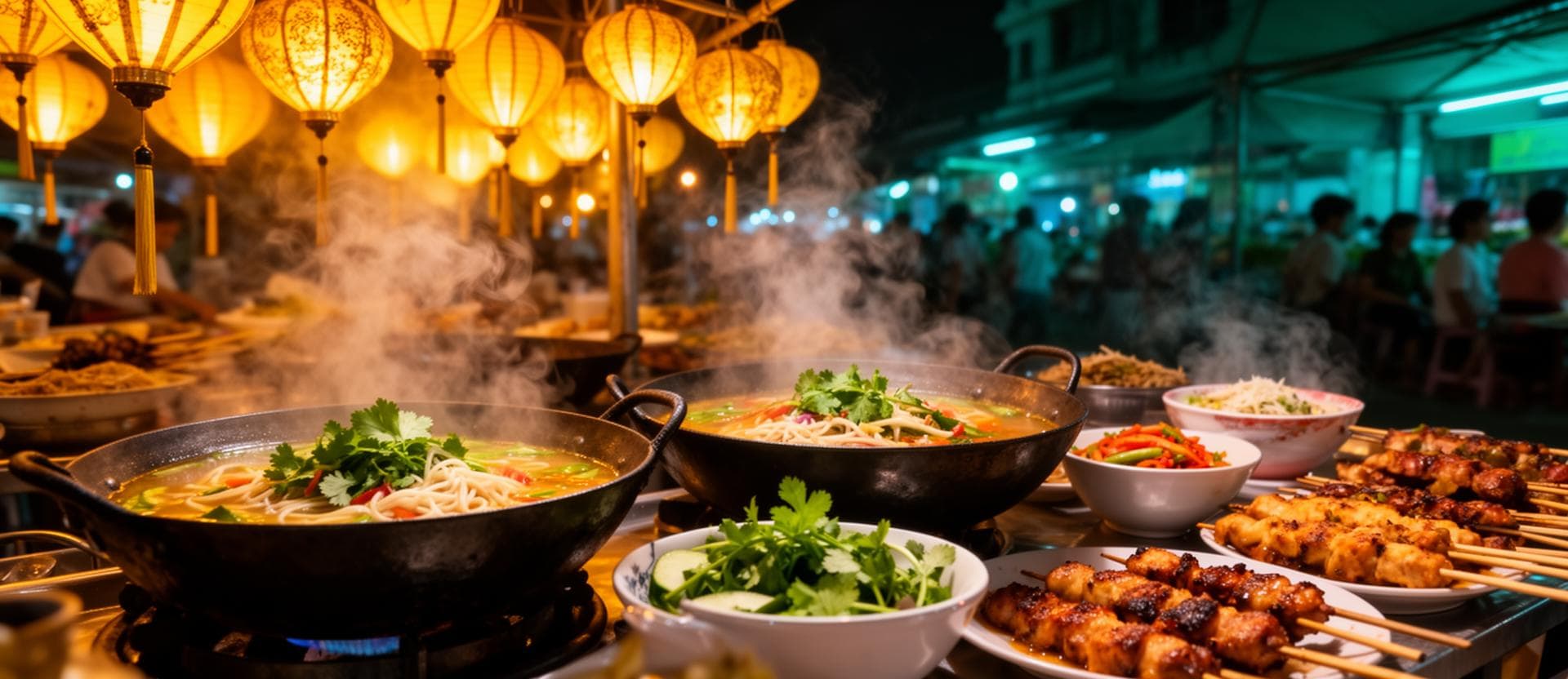 A vibrant spread of traditional Cambodian cuisine including Fish Amok, grilled meats, and fresh tropical fruits
