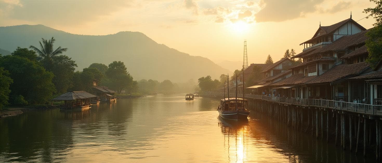 Kampot riverside with French colonial buildings and mountains in background