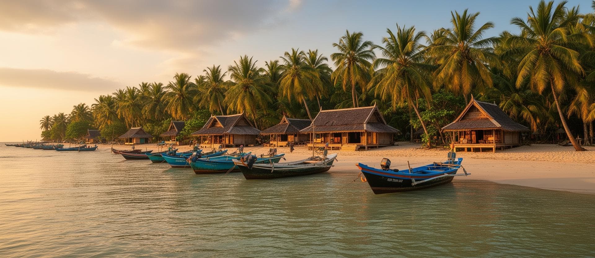 Koh Tonsay beach with palm trees and fishing boats