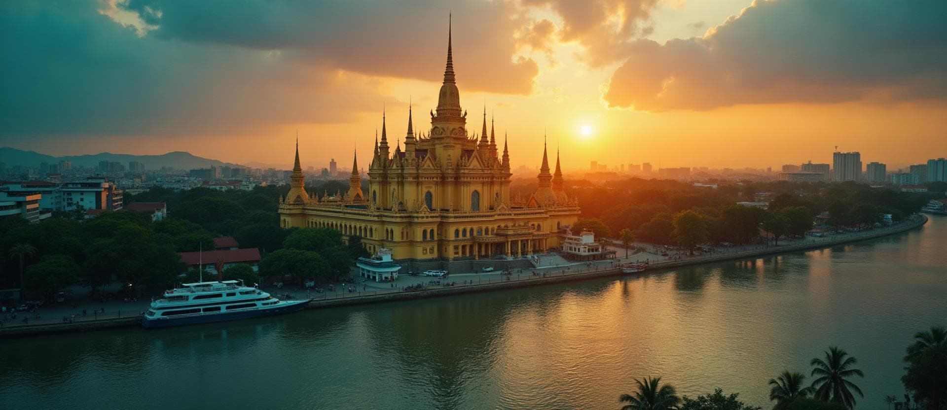 Phnom Penh skyline with Royal Palace and Mekong River