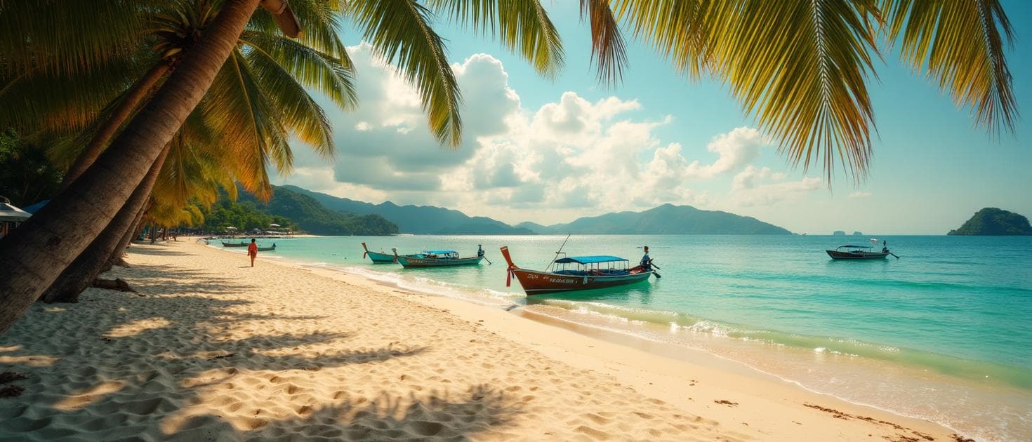 Tropical beach in Cambodia with palm trees and crystal blue water