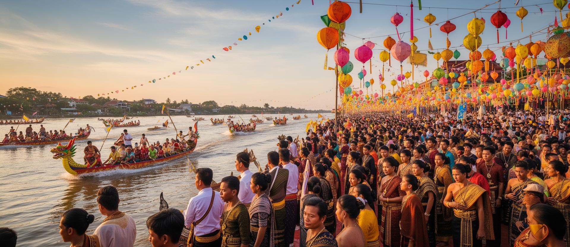 Cambodian Water Festival with dragon boat races and crowds in traditional dress