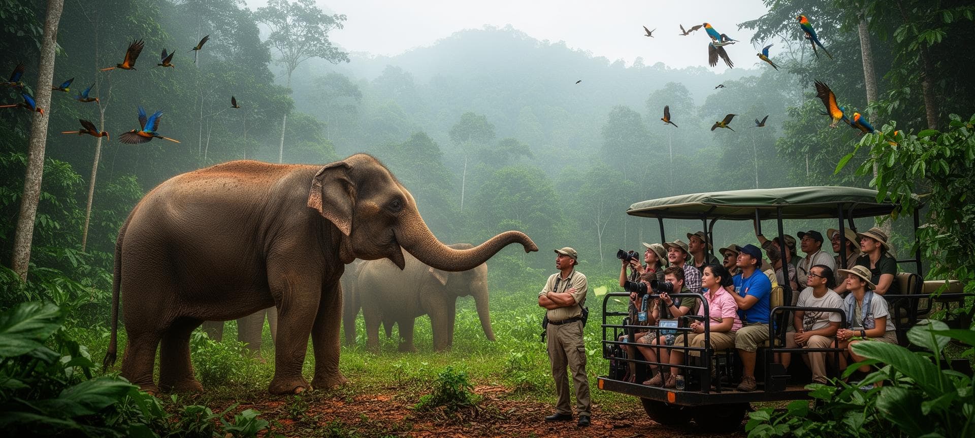 Wildlife safari tour with elephants in Cambodian rainforest