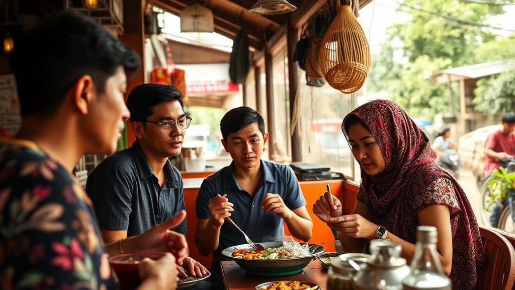Travelers using Khmer phrases to order food at a local Cambodian restaurant