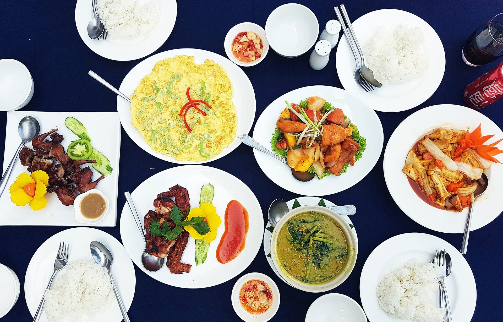 A table of Khmer dishes at Neary Khmer restaurant, Siem Reap