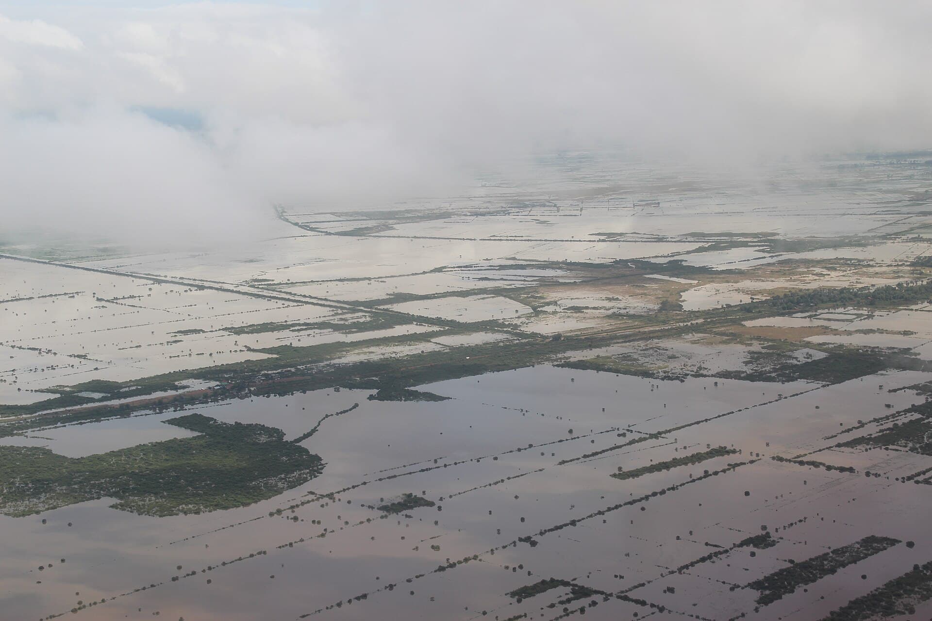 Flooded fields seen from the air on a flight into Siem Reap in the rainy season