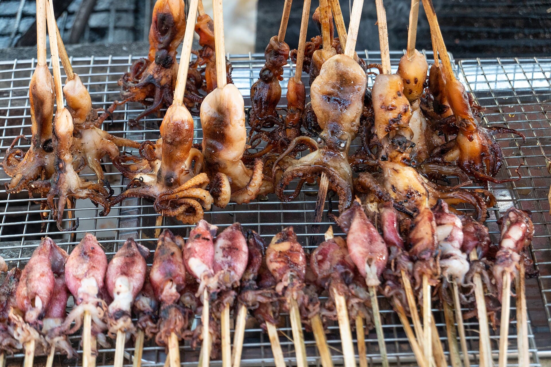 Grilled squid and octopus on skewers