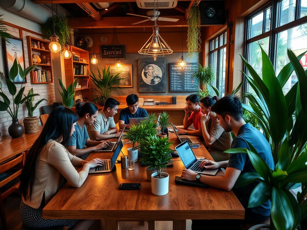 Digital nomads at weekly cafe meetup