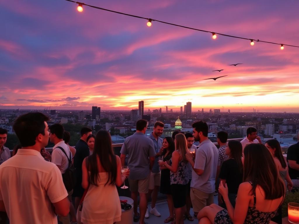 Rooftop social gathering at sunset